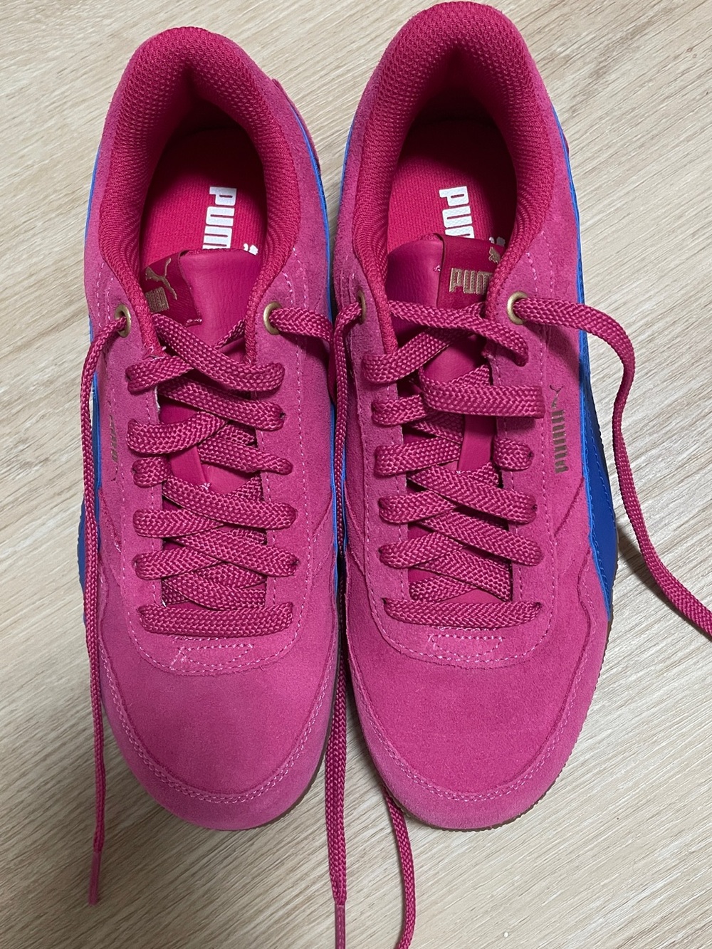 Puma Women's Pink Suede Sneakers with Blue Side Stripe